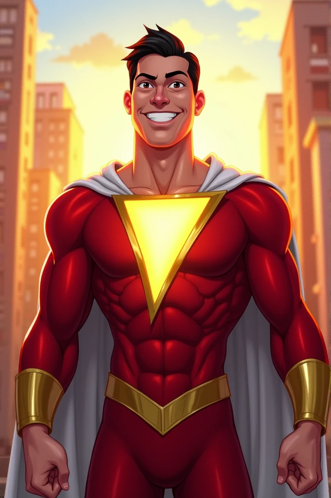 (masterpiece, intricately detailed, highest resolution, best quality:1.2), (doujin), a cocky Latino Instagram influencer,a 24 y.o muscle stud with a muscular physique sitting on a chair with black eyes,dark-skinned male, wearing a ((shazamsuit inspired costume)), (excessive cum), (cum on body), (cum drip), flaccid penis,saggy balls,hairy chest,vascular,muscle striations,soft light,fantastic realism,