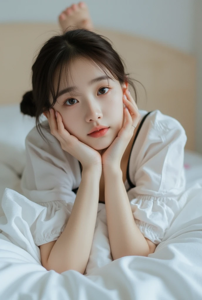 detailed face, cute face,brown eye, master piece , best quality , (girl) , japanese , (sleeping on one's side) , from front , blouse , skirt