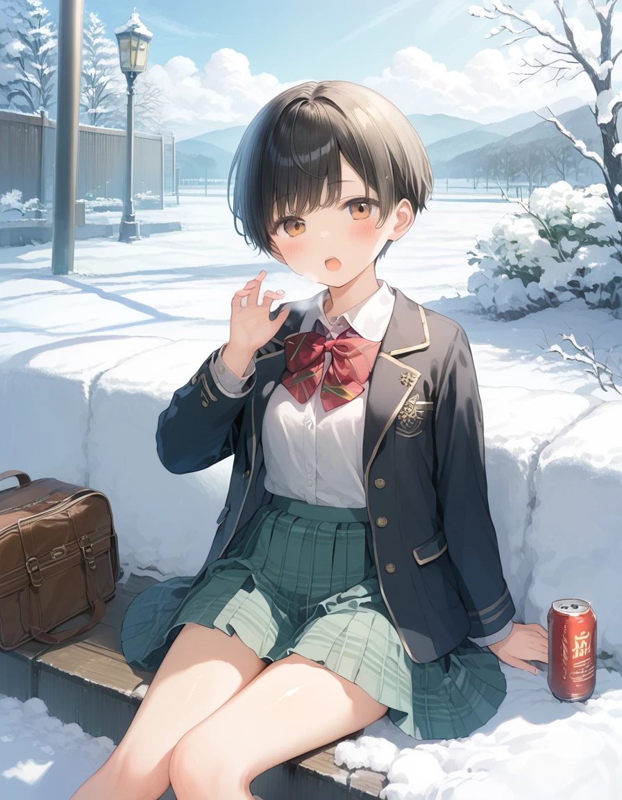 score_9, score_8_up, score_7_up, source_anime, best quality, masterpiece, official art, absurdres, highres, ultra-detailed,waifu2x,  break,1girl, very short hair, pixie cut, flipped hair, beautiful breasts,school uniform, snow, winter, open mouth, (yawn:0.3),  sitting, drink can, hot breath, wind, outdoors, breasts focus, break,(clear line illustration:1.2), super detailed skin,shiny skin,very high resolution, very aesthetic, Best sexual lighting powered by famous artist, 8k, 16k, cute picture,beauty illustration,photoshop_(medium),,best anime 8k konachan wallpaper, pixiv contest winner,uncensored,