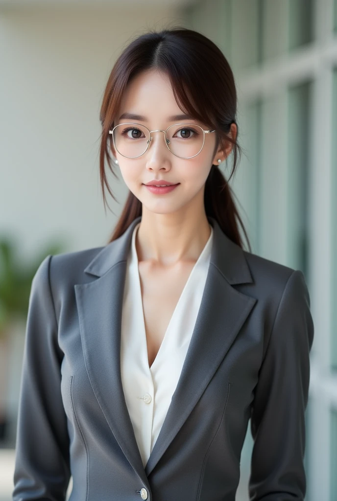 A beautiful Japanese woman in a sexy, stylish, elegant gray blazer paired with a fitted blouse, wearing glasses, extremely detailed skin, professional appearance with a subtle touch of confidence, large breasts:1.22, deep cleavage, modest but form-fitting attire, small head, pony tail, cute face, brown straight hair:1.21, neatly styled, bright eyebrows, blurred background