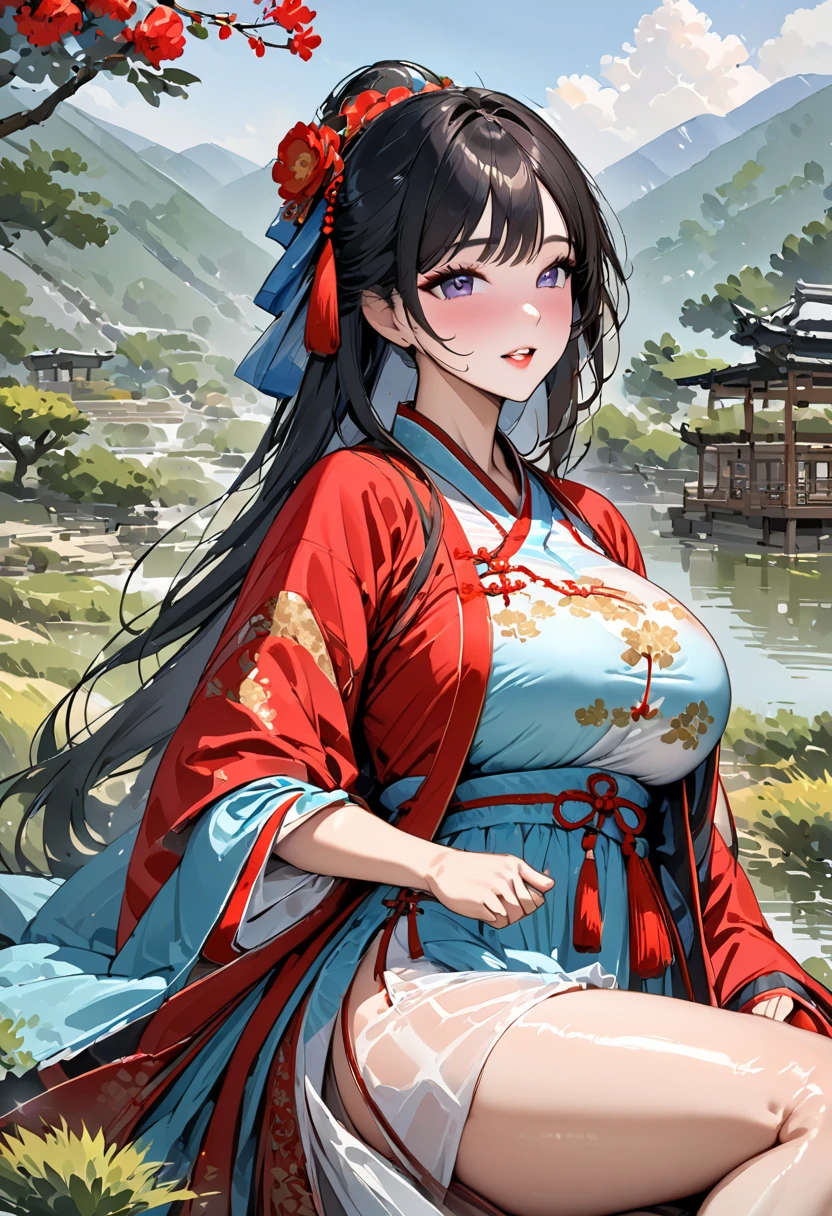 Beautiful Chinese girl，Wearing Hanfu，（transparent），Black long hair，watcher，Sitting on the grass，Lovely，A slight smile on the face，Large bust，Long and sagging breasts，Cleavage close-up，（fit:10.0)，Peerless Beauty，Wearing Chinese ancient jade hairpin jewelry