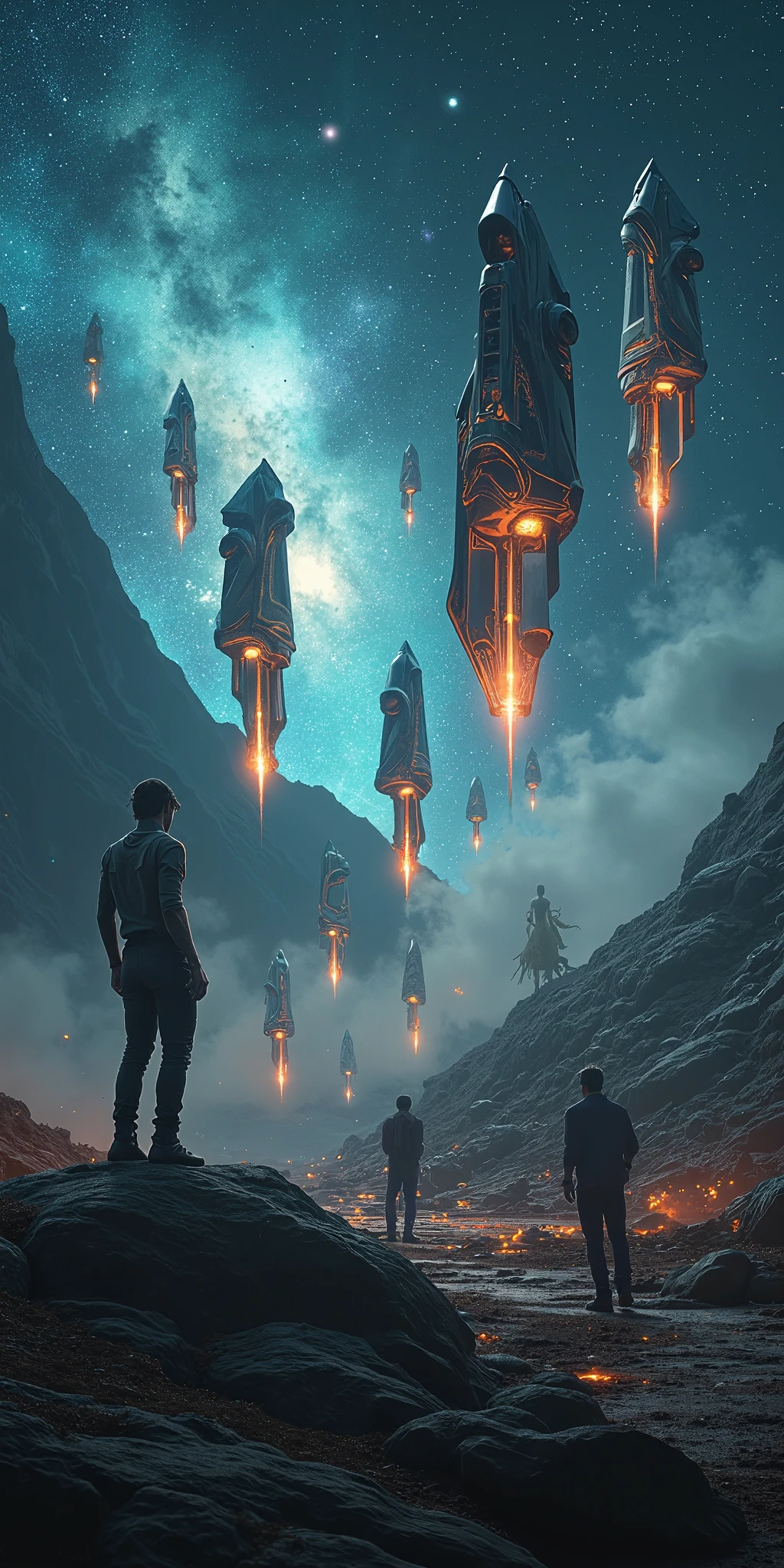 Many very futuristic shaped mechanical lantern drifting in a very beautiful galaxy. dynamic camera work. scene of great science fiction movie. realistic, great  advertisement picture