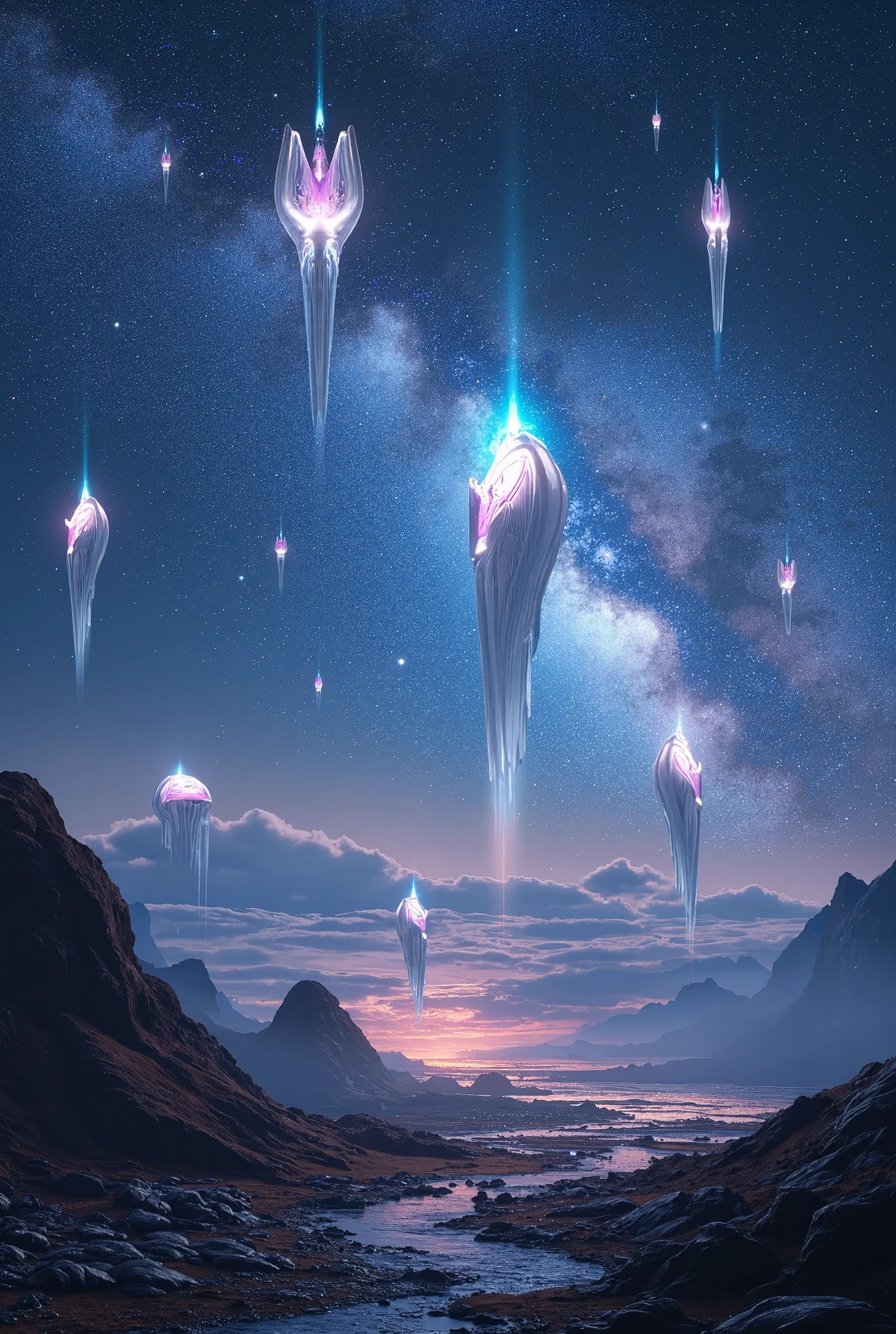 Many futuristic shaped lanterns floating in a very beautiful universe.