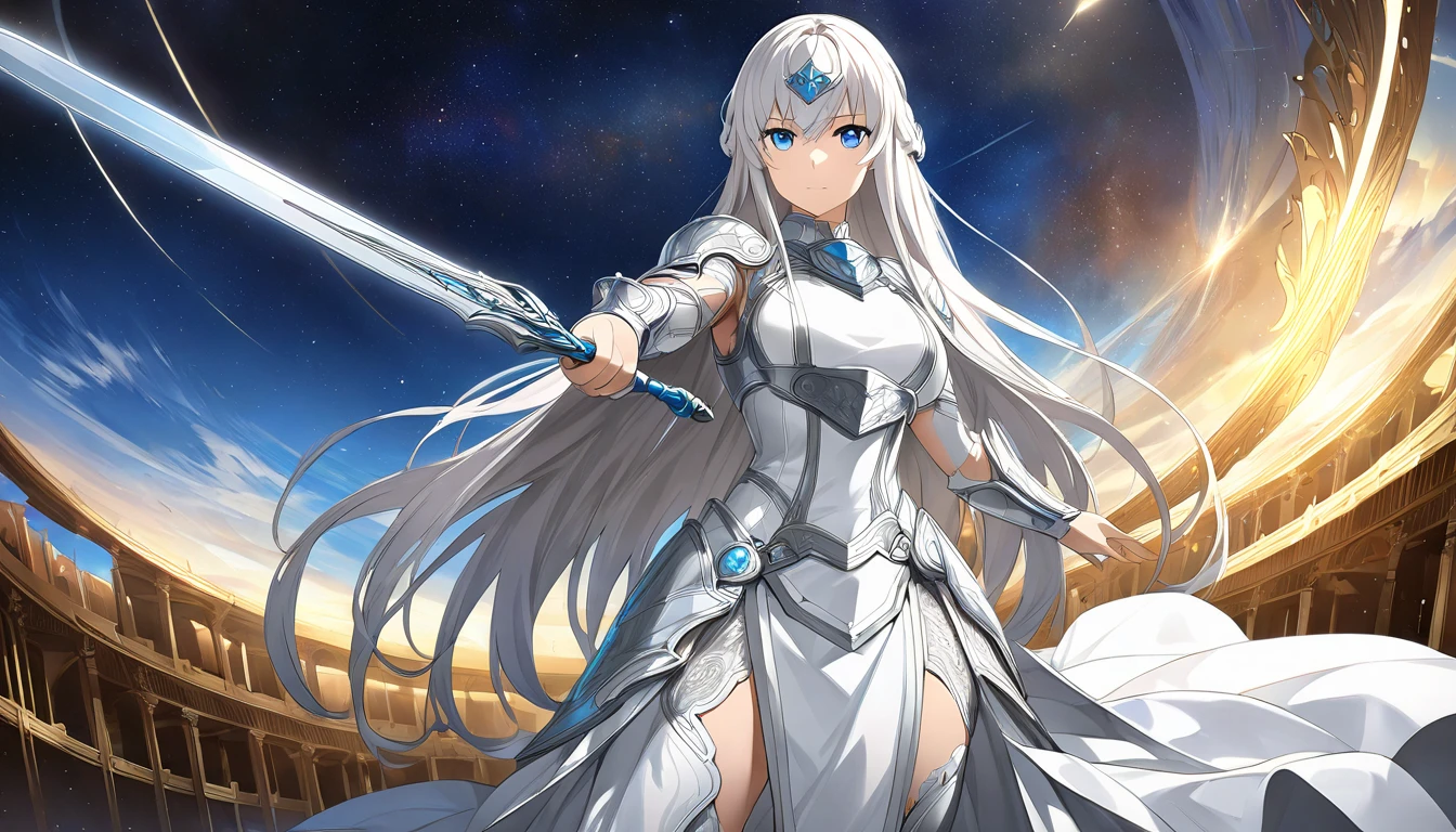   high definition of a space nebula  , . . 16k high quality painting of a female warrior with a beautiful and impressive big bust  , .} Wear silver armor and hold a holy sword that shines in one hand., ,   conveys balance and justice  ,  She has long silver hair and perfectly matched bright blue eyes  ,   light OF RIGHTEOUSNESS FLASHED FROM THE BATTLEFIELD BEHIND AS SHE STOOD GRACEFUL AND PROUD..,   ready to bring justice  , Wearing an elegant white dress  ,   with many intricate details  