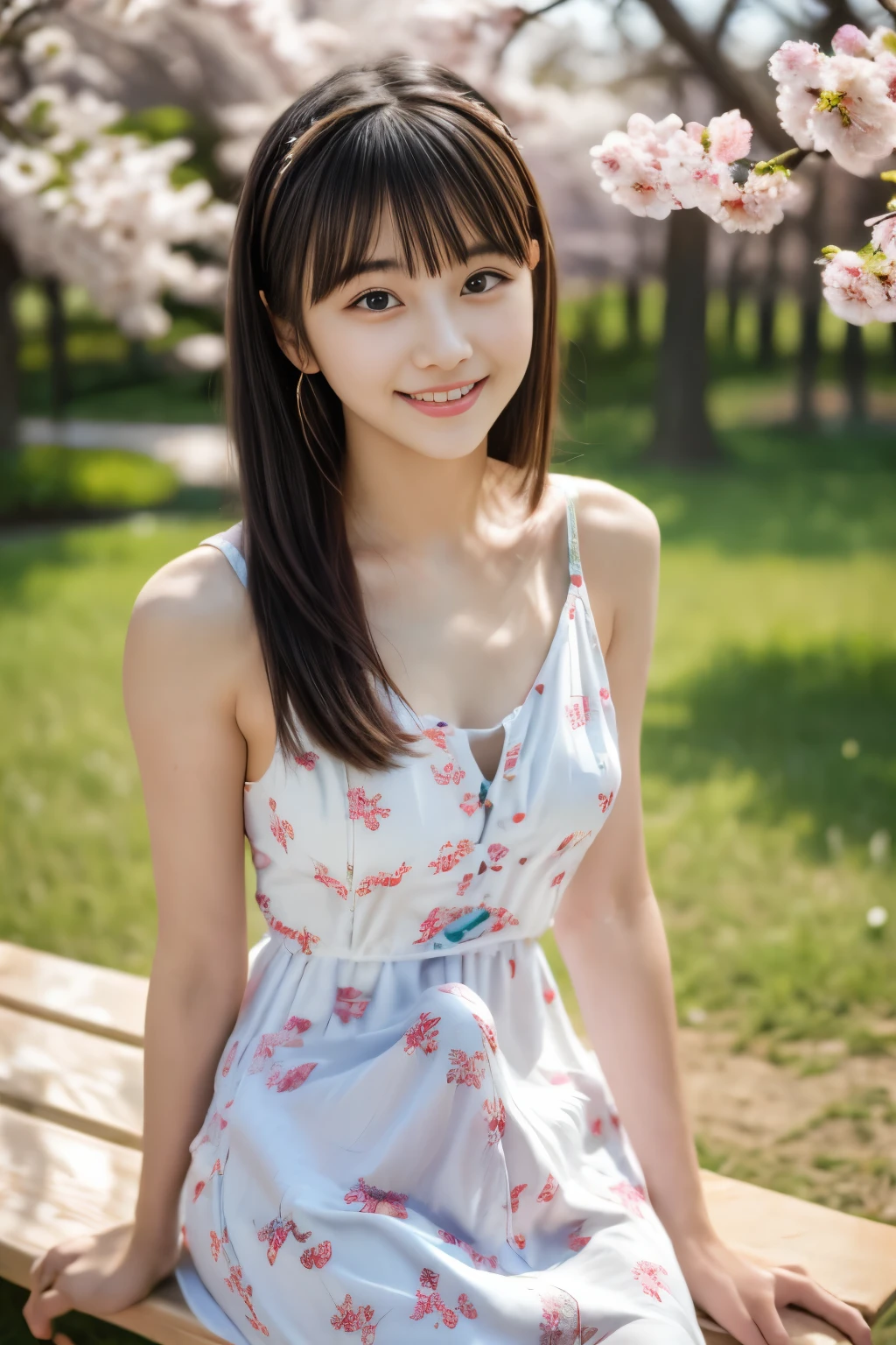 masterpiece, Best Quality, 8k,  1 girl, (),  teenager , smile, Alone, ( very cute idol-like face :1.2),  delicate girl,  black hair, Middle bob hair,  straight hair, bangs,  viewers from below, Frank, Sophisticated, Professional Lighting,  Film Grain ,  whole body, Beautiful appearance,  yellow rapeseed fields and cherry blossom trees spread out in the background,  (White floral dress:1.2),  hair accessories ,  small breasts,  sitting on the bench,  Erection under clothes