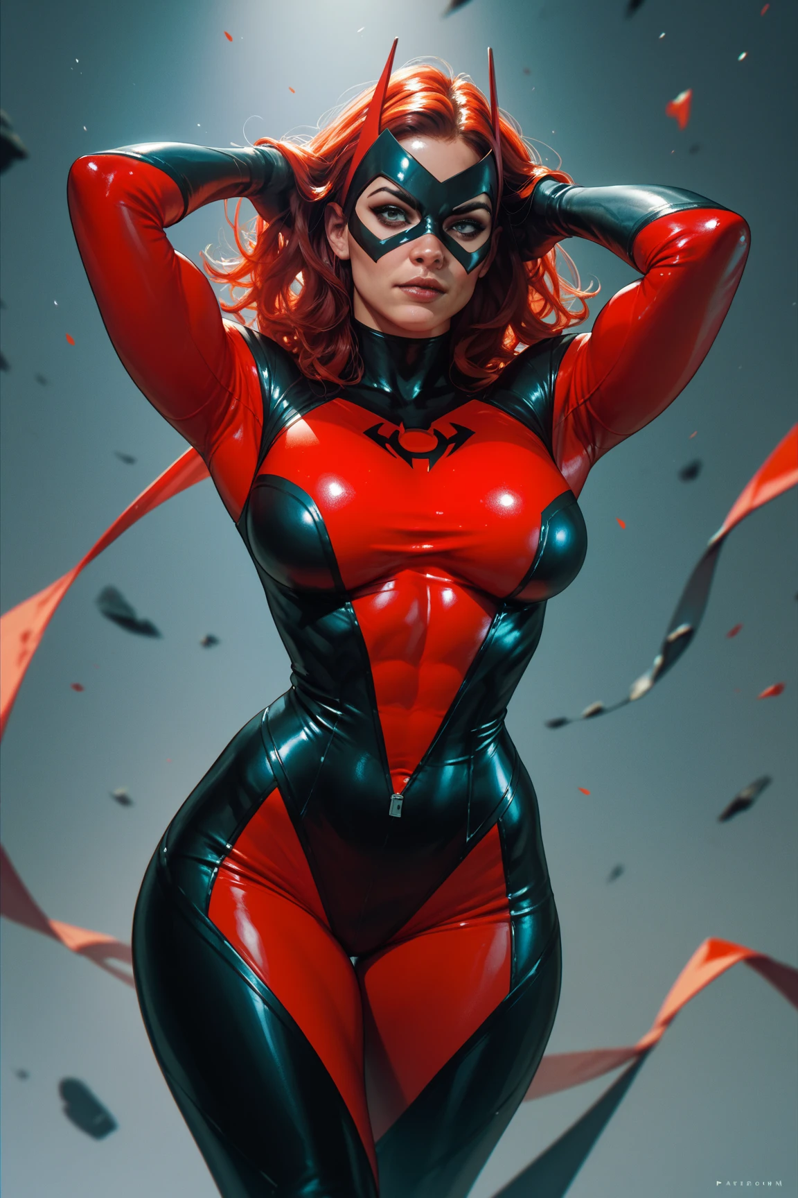 realist, realism, photorealism, photo-realist, High contrast, (photorealist:1.4), (perfect female figure, whole body, muscled body, six pack, strong body), 8k high definition detailed realist, (Best Quality, Masterpiece:1.2), Photon mapping, Radiosity, physically based rendering, Best Quality, muy detailed, 1 girl, squeeze, outdoor, hoodie, ((on the streets of a modern city, modern buildings in the background, Clear sky in the background)) (high quality, detailed, absurdities, high resolution, Masterpiece, beautiful), detailed soft lighting, classification_safe, fountain_Cartoon, Ed Benes Style, spider gwen, (wearing spider gwen mask and hood:1.5), voluptuous body, . Combined with the Nazzi flag, swastika on chest black suit, White and red