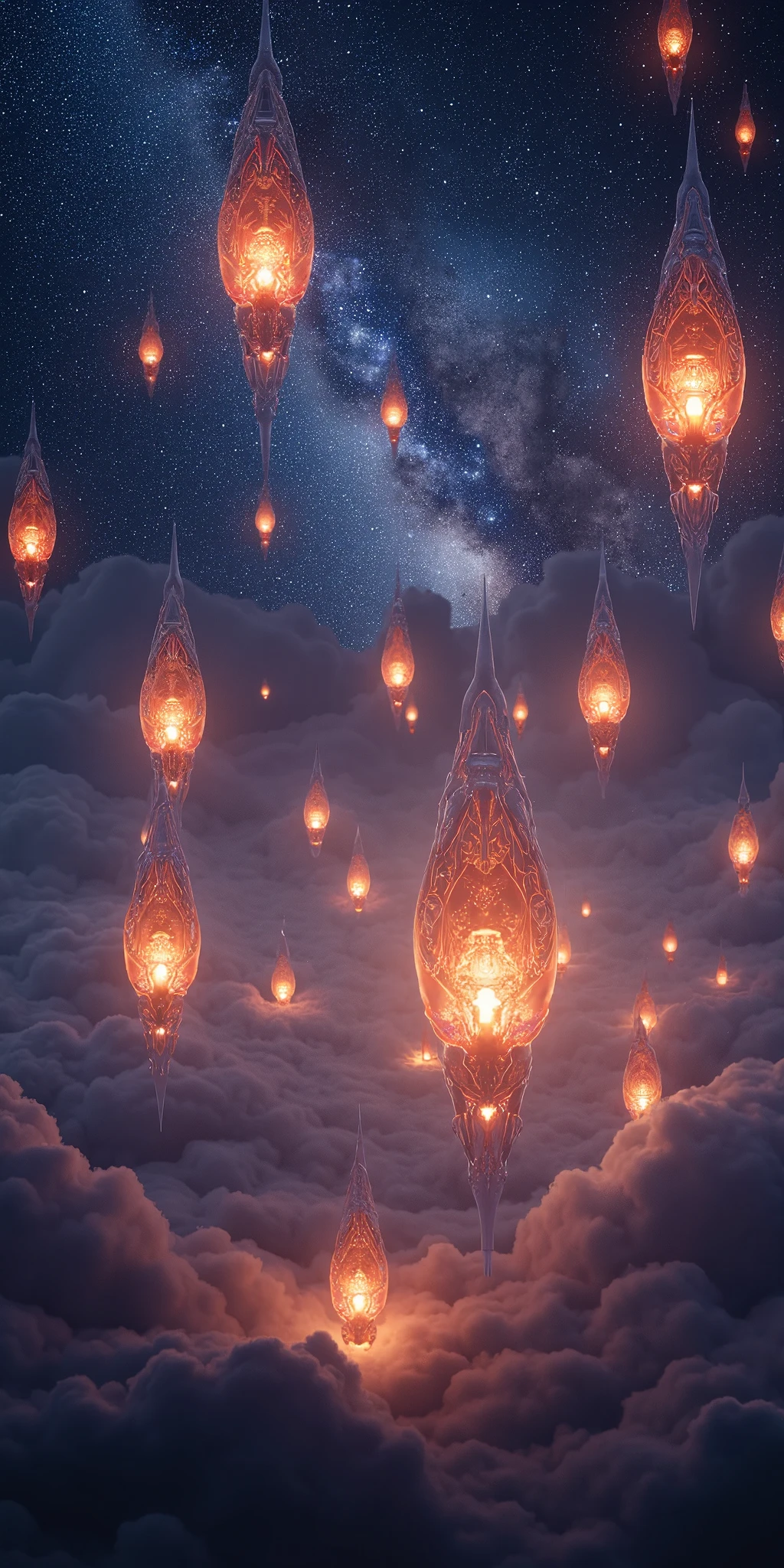 Many futuristic shaped lanterns floating in a very beautiful cosmic stars