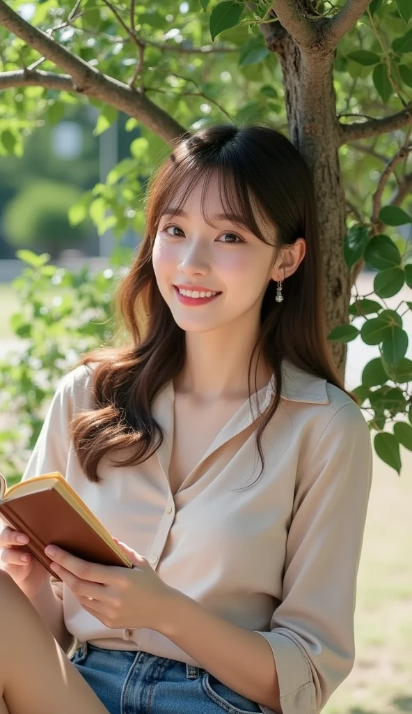 masterpiece, best quality, ultra-detailed), portrait of an 25-year-old woman with light brown hair, curled green eyes, beige blouse and blue jeans smiling blue shorts sung from under a tree (leaning against the tree) and reading a brown book -auto utra realistic --  