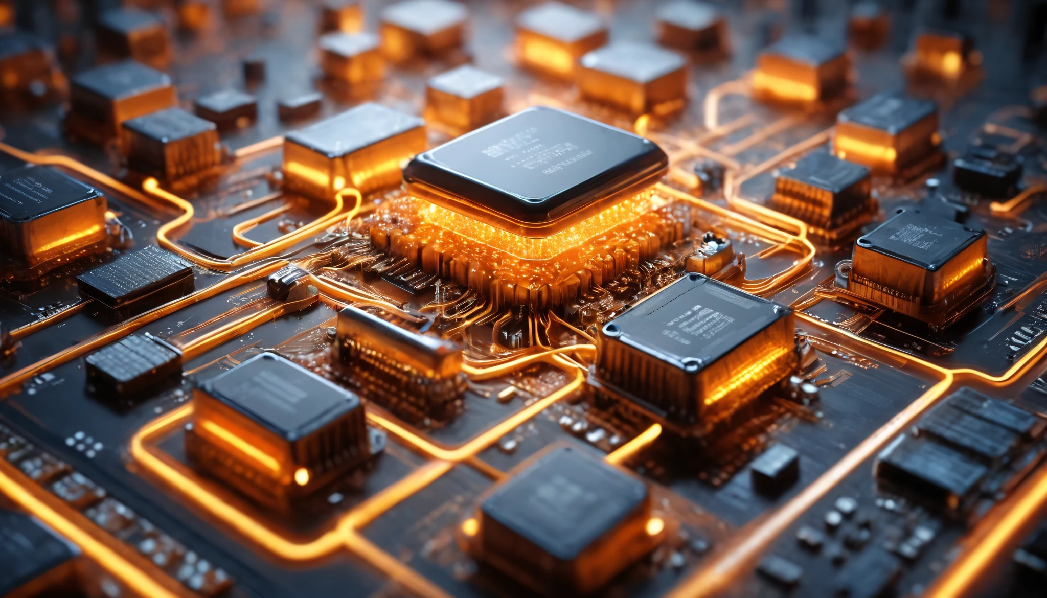 Orange,chip,Product Close-up,Photography Close-up,Rendering,C4D, high-speed traffic ,3d,Ultra-high-definition texture details,Large Scale Integrated Circuit,CPU cluster , network highway , data stream ,Special Effects,( light-emitting lines converge in the middle:1.5),container_architecture