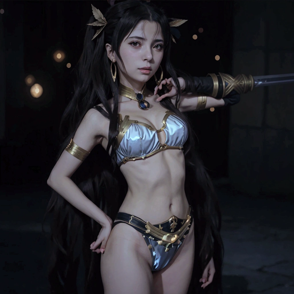  Anime girl in bikini with a sword in her hand.,  Ishtar from Cate Grand Order , anime goddess ,  Ishyar as Goddess ,  ishtar from the anime Fate Grand Order , yandere gapmoe oscuro, Goddess Ishtar ,  screenshot of an anime  ,  anime style like Fate Grand Order , Goddess Ishtar , aesthetic!!!!!! female genius