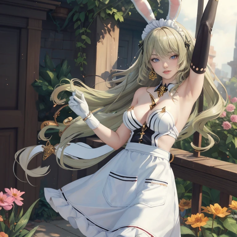 1girl, dress, jewelry, glow hair, flowing hair, ahoge, armpits, two black rabbit ears, rabbit tail, Bunny girl, Cute face, Very fine clean face, solo, Top quality, Big eyes, green Hair, long hair, Crimson Eye, Subtle light, Natural light,Soft lighting,Light from directly behind, Cute pose, garden scenery, Showing the whole body, Front view, bunny girl, bunny girl costume Beautiful Eyes, Plump and glossy lips, playboy bunny girl costume with too many frills, white apron, maid apron, maid headdress, black laces, black Short skirt, Drape clothes, gold gem, frills, luxury details, gold jewelry, more details, best quality, Big sparkling eyes, blushing, sparkle, solo, centered girl, cowboy shot, asymmetrical gloves