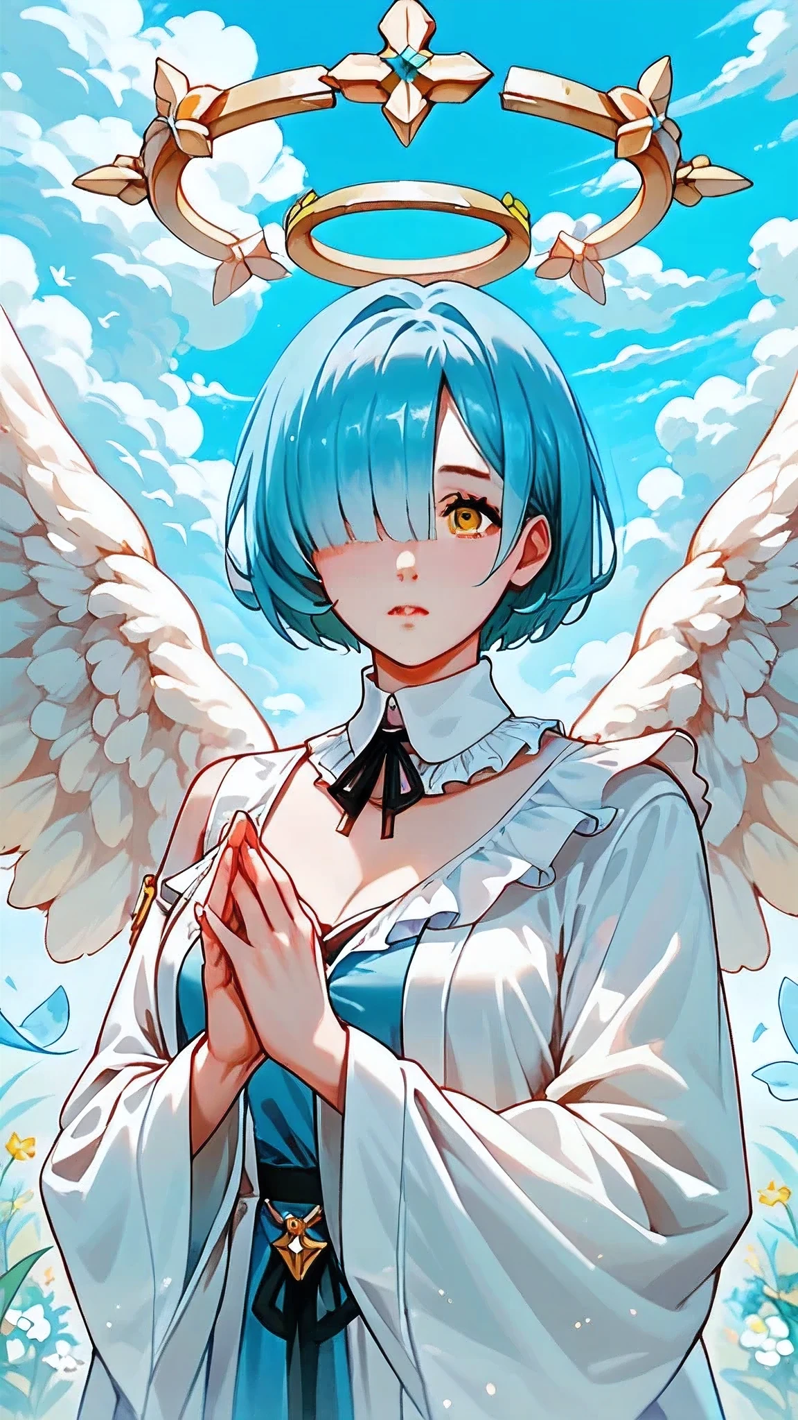 score_9, score_8_up, score_7_up, score_6_up, 1woman, cyan hair, short hair, hair covering eye, golden eye, cleric, white robe, halo, angel wings, sacred, sky