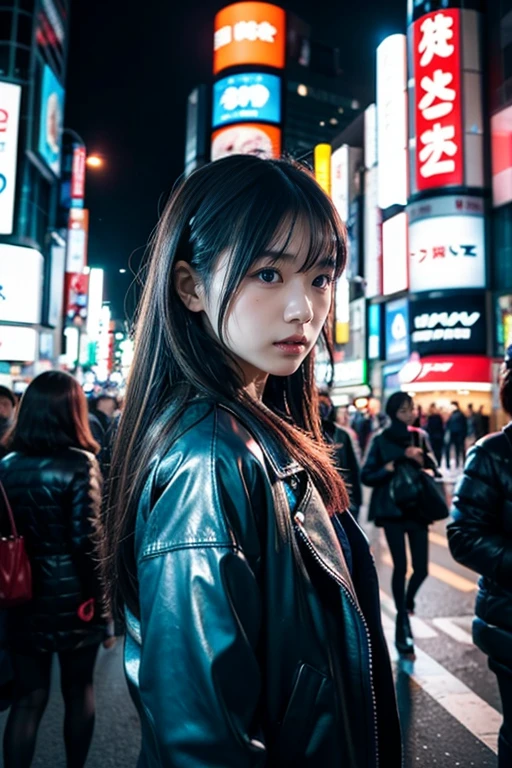 A close-up shot of a young Japanese woman at Shibuya Crossing, Tokyo, surrounded by neon chaos. Intense blue light beams pierce through her body, illuminating her porcelain skin and dark hair with cool highlights. Her calm expression contrasts with the vibrant scene, while her jacket and hair reflect the blue light. In the background, neon signs blur into streaks, and motion trails from crowds and cars emphasize the futuristic energy. The scene captures a cinematic moment of calm amidst Tokyo's fast-paced vibe.