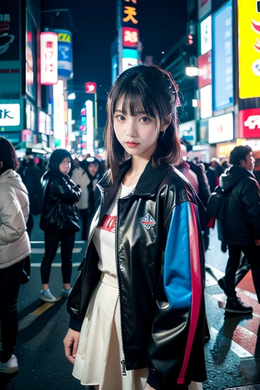 A close-up shot of a young Japanese woman at Shibuya Crossing, Tokyo, surrounded by neon chaos. Intense blue light beams pierce through her body, illuminating her porcelain skin and dark hair with cool highlights. Her calm expression contrasts with the vibrant scene, while her jacket and hair reflect the blue light. In the background, neon signs blur into streaks, and motion trails from crowds and cars emphasize the futuristic energy. The scene captures a cinematic moment of calm amidst Tokyo's fast-paced vibe.