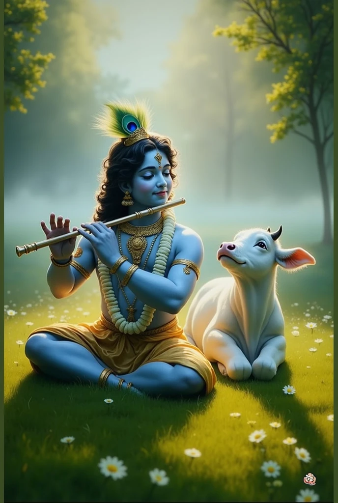 Lord Shri Krishna flute taken in hand one and one hand has taken cow baby