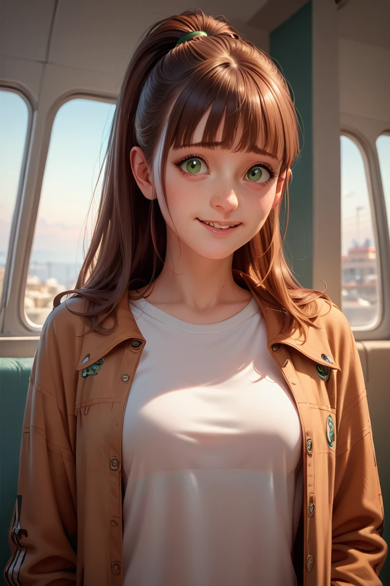 
A teen girl watching the sunrise wearing a shirt and a jacket, green eyes, long hair with a fringe in a ponytail, detailed nervous face, smile, shy girl, normal breasts, detailed beautiful body, thin body, at the top of a coast ceremony, 