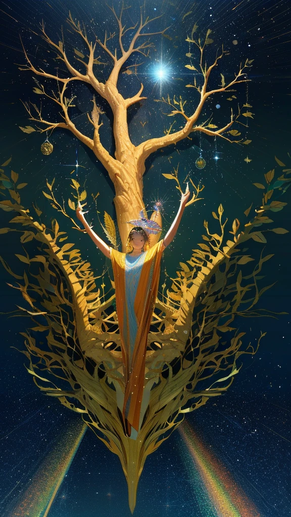 Behold the resplendent Cosmic Tree, a magnificent portrayal of the Tree of Life, adorned with celestial galaxies and shimmering stars that gracefully extend as its roots and branches