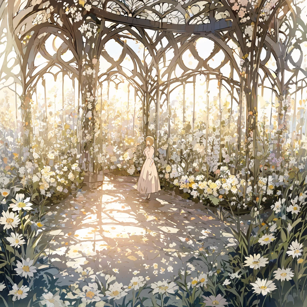 anime woman wearing a dress with a floral pattern, standing in a garden with white flowers. the background features a lantern - like structure, and the woman is surrounded by flowers. the lighting suggests it might be either early morning or late afternoon