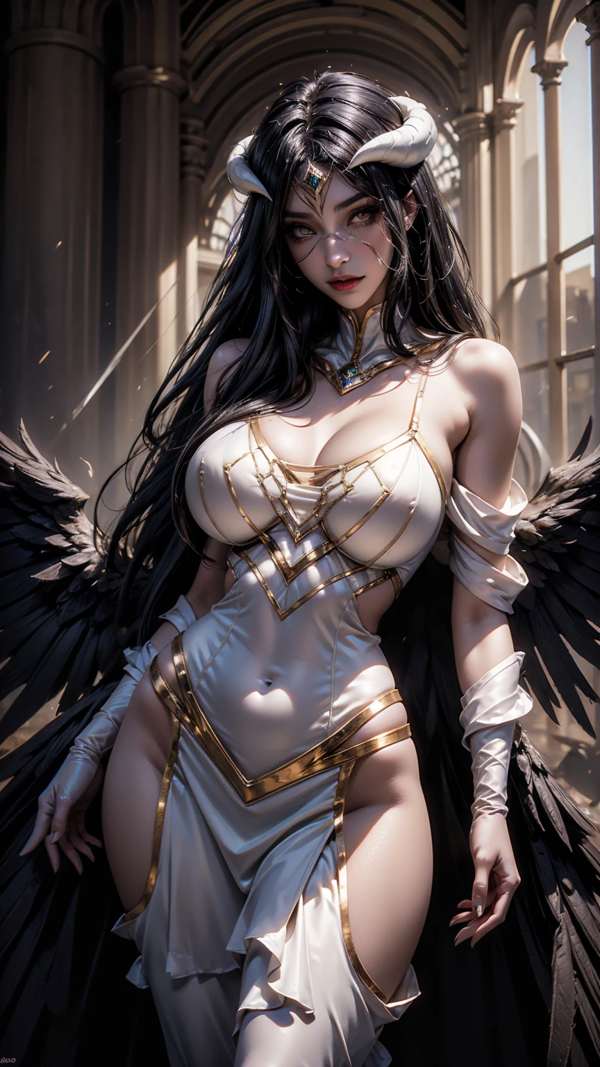 A (super realistic) beautiful girl, Albedo from overlord, best high res, best highest quallity, illustration, cinematic light, ultra detailed, detailed face, sexy face, (detailed eyes:1.05), (realistic eyes:1.05), best quality, hyper detailed, beautiful masterpiece, masterpiece, (detailed_face), highest details, luminous_eyes, huge breasts, beautiful nipple, an impeccable beauty, white attire, lustrous beautiful-black hair and the face of a goddess, golden irises and vertically split pupils; on her left and right temples are two thick horns protruding crookedly, and on her waist are a pair of black angel wings, a pure white attire with silky gloves covering her slender hands and a golden spiderweb necklace that covers her shoulders and chest