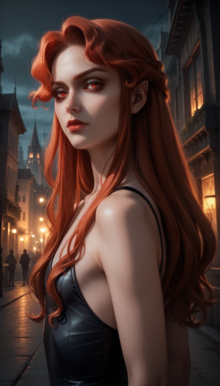 masterpiece,  of high quality, 
   realistic photo   ,  Sacimaer   ,    vibrant colors   ,    Light-Dark Lighting   ,      with cannabis theme   ,
1 woman,   detail inspired by the Lenore black blouse    (   from Castlevania Netflix    )
long  red hair,  red hair,    red eyes   ,
 Back View,   small black leather swimsuit , 
gothic city,buildings,
seductive pose,    dramatic angle   ,