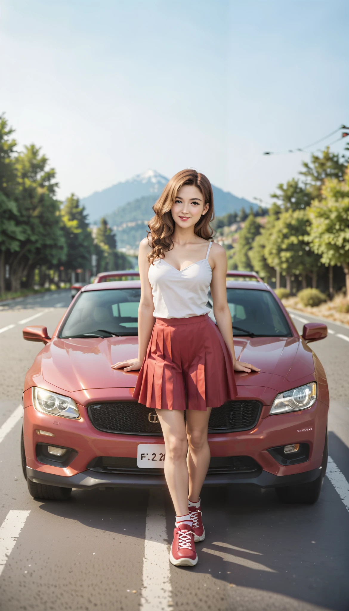 Sayuki, brown hair, long wavy hair, white camisole, red pleated skirt, getting out of the navigation seat of a sports car, impact blue, public road, mountain pass, masterpiece, highest quality, super high quality, beautiful details, super detailed, superb, 16K, exquisite, absurd, high resolution,