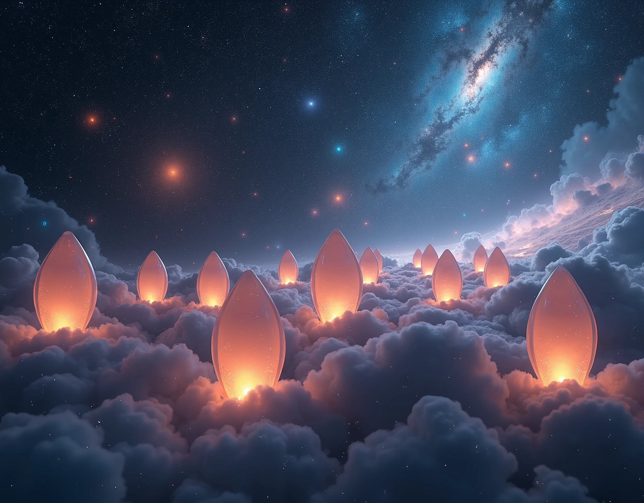 Many very futuristic shaped lanterns drifting in a very beautiful cosmic space. dynamic camera work. scene of great science fiction movie. realistic, great  advertisement picture