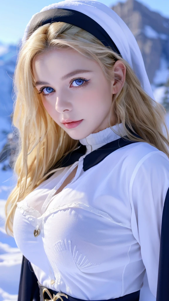  Pretty woman,cute,huge natural breasts, blonde hair curly/flowing, detailed dark BLUE eyes and face, not to skinny, make it ultra-realistic, western european girl, in the snow in the mountains, ripped off nun uniform, extremely detailed blue eyes, extremely long wavy blonde hair