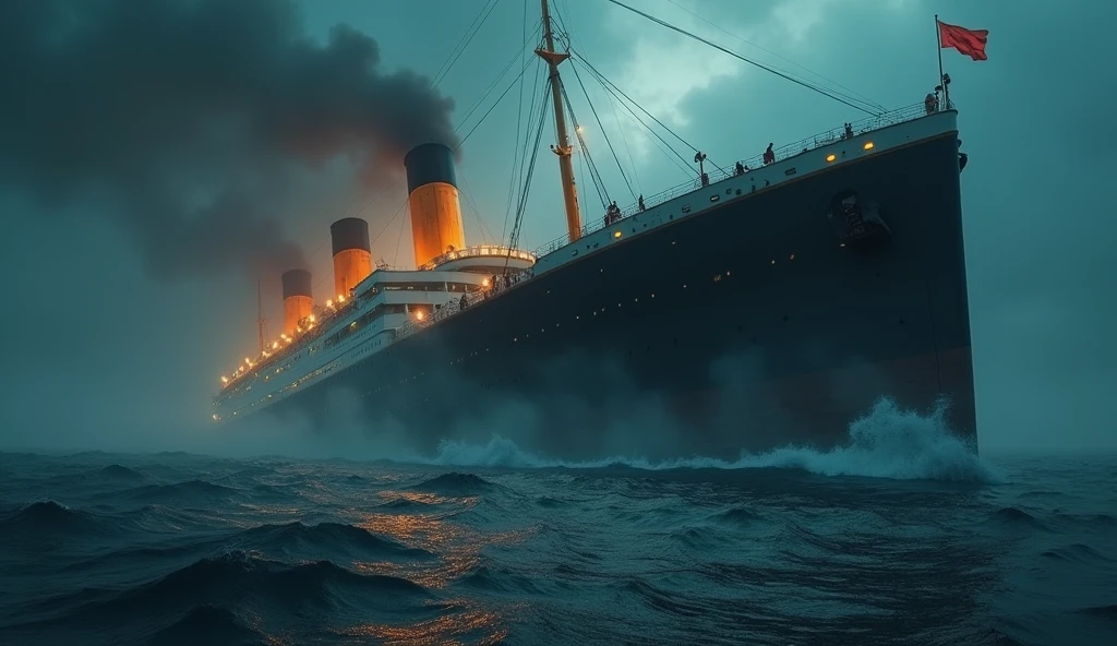 (a sinking titanic ship,the bow of the ship above water,the entire stern under water,dramatic lighting,cinematic,realistic,photorealistic,8k,extremely detailed,dramatic sky,dramatic lighting,volumetric fog,churning water,debris,lifeboats,passengers in the water,realistic water simulation,dramatic atmosphere,muted color palette,gritty,cinematic composition)