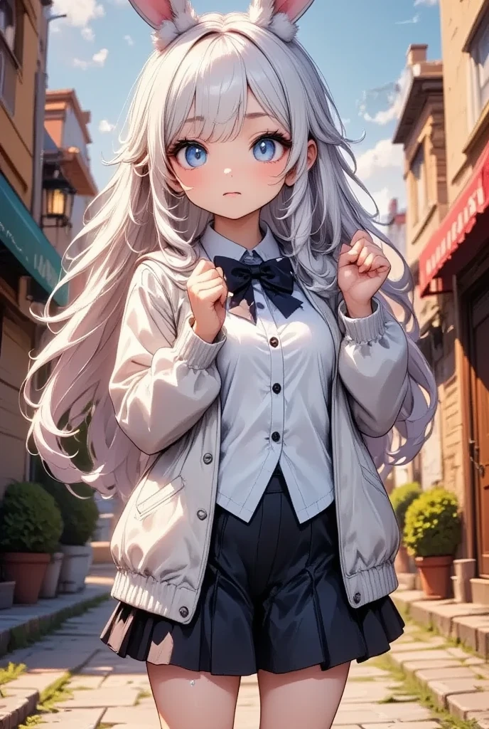 1girl, 彼女はRabbit Earsが生えた,  she's a cute high school girl , Rabbit Ears:1.3,  cream colored cardigan with extra sleeves,  white shirt ,  a ribbon with a design ,  mini skirt,  small breasts:1.4,  beautiful long silvery white hair ,  Healthy Thighs, Detailed depiction of thighs, Her beautiful,  her adorable eyes shine like jewels ,  dress, ((  Face Closeup  :1.4,  a nice pop smile ,  peace sign with both hands:1.45,  double piece:1.4, Perfectly shaped fingers:1.3)),  beautiful digital art ,  fast food restaurants, Inside the store, masterpiece, Best Quality,  Ultra High Definition,rich contrast,  great quality ,8k,  very detailed, Best Quality anime,Please redeem Deep Borderline 1 .2,  ultra-detailed eyes , Beautiful and glossy lips 