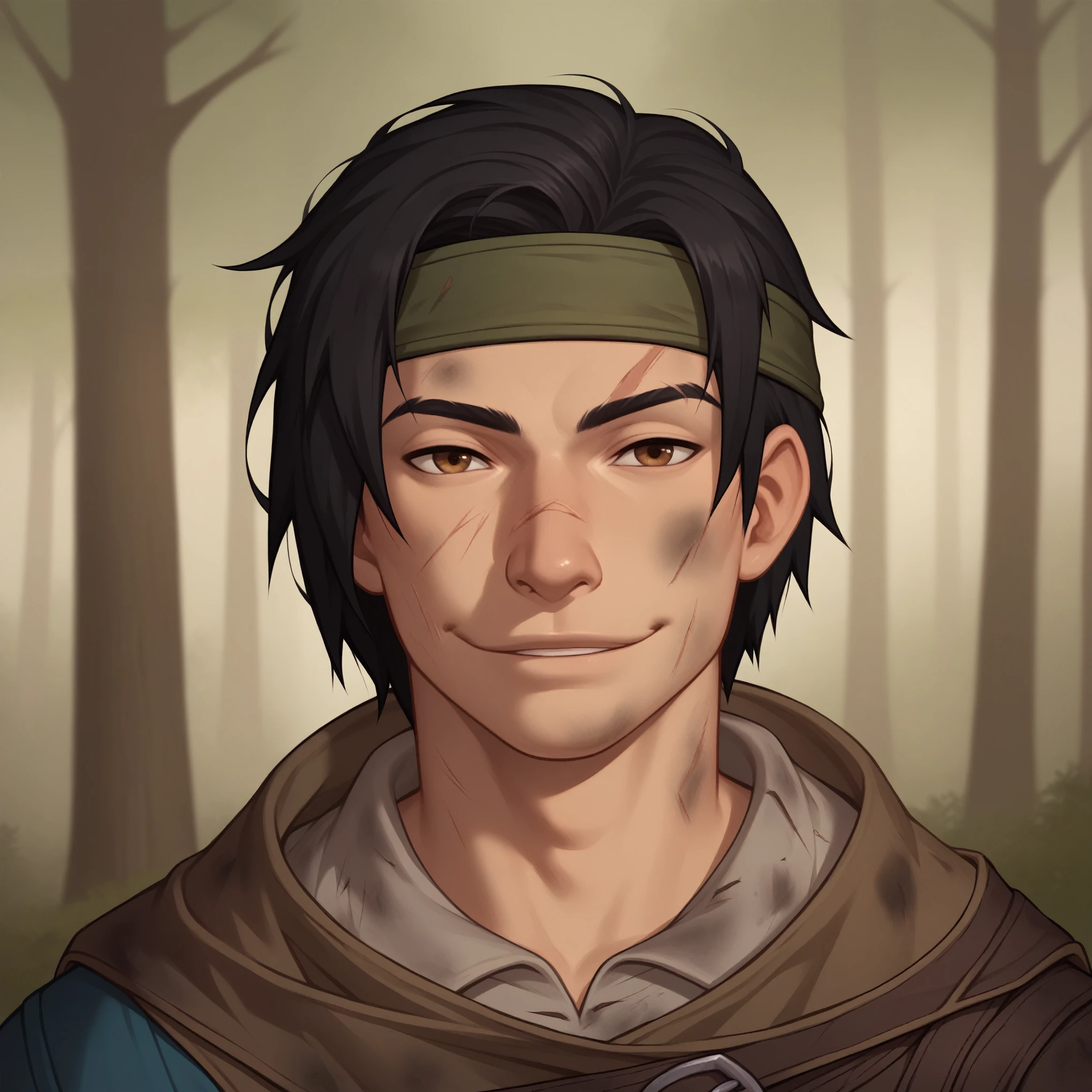 (((beautiful, high quality, detailed face))), score_9, score_8_up, score_7_up, BREAK, male adventurer, RPG rogue, lanky, gangly, slender, Nose bridge, Big nose, (dark hair:1.3), buzz cut, headband, fresh cuts, bruises, dirty clothes, bandoleer, pockets, lots of pockets, cloak, mischievous expression, malicious smile, dirty, dusty, 1man, young, male focus, solo, portrait, upper body, portrait, forest background, fantasy, blurred background, Expressiveh, detailxl