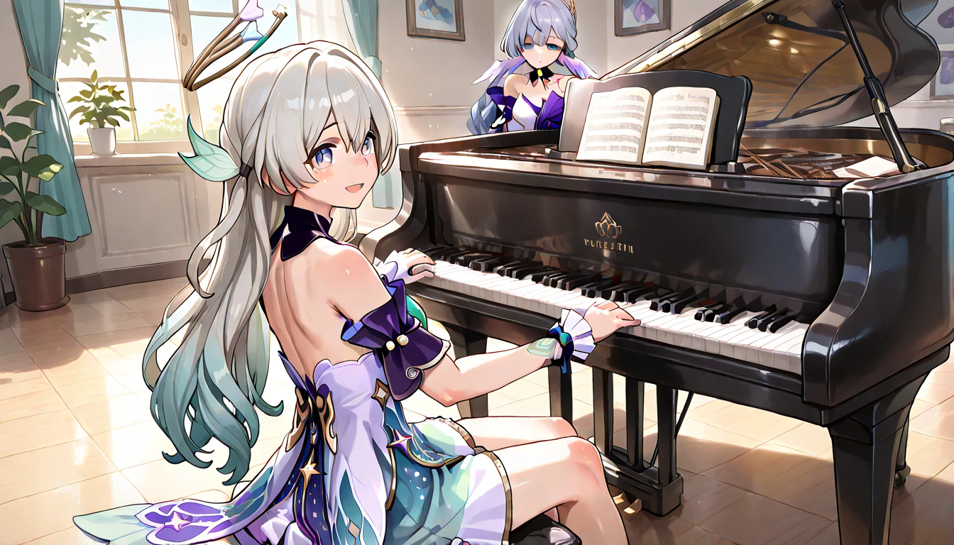 ((top quality)),((masterpiece)),((perfect face)),(ultra-detailed),ultra high res, 8k, 2girls, firefly (honkai: star rail), robin (honkai: star rail), music studio, piano, guitar, white hair,  exquisite, (very aesthetic:1.2), (absurdres:1.2), (detailed background),newest, perfect anatomy,