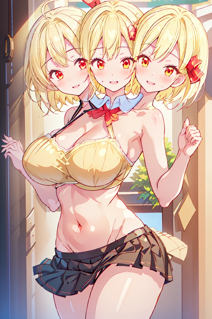 (masterpiece, best quality), best quality, (ultra-detailed), (3heads:1.5), 1girl, (rumia:1.3), masterpiece, best quality, ultra quality, ultra resolution, ultra detail, black top, crop top, ((stomach)), midriff, ((groin)), black skirt, normal ears, ribbon tied to the hair, blonde hair, short hair, wavy hair, short hair, red eyes, parted lips, cowboy shot, open belly, smiling, enthusiastic smile, cute, toned belly, hand on own chest, eyelashes, (2 woman:1.3), (masterpiece:1.5), (best quality:1.5), (beautiful detailed:1.5), extremely detailed CG, extremely delicate and beautiful, depth of field, (finely detailed face), (perfect details:1.2), (mature female:1.3), wide pelvis, slender, very large veiny breast, 16k resolution, highres, very high quality, very high definition, extremely detailed, masterpiece, blonde hair, short hair, alluring presence, braid, short skirt, close up, very big breasts, huge breasts, young, hair ribbon, red ribbon, ((blonde:1.5)),
