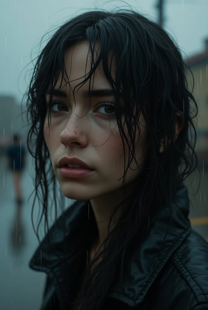8K, masterpiece, best quality, ultra-detailed, photorealistic, realistic, Extremely detailed face, film lighting, cinematic lighting, ray tracking, illustration, disheveled hair, On a cloudy street, Fog and heavy rain, a girl with black hair and black eyes stood in the middle of the road and cried. She was wearing a black open jacket, a white shirt, a black short skirt, and a black garter belt, her clothes were soaked from the rain and exposed a black bra.,depth of field (Depth of field),cinematic frame,film lighting,