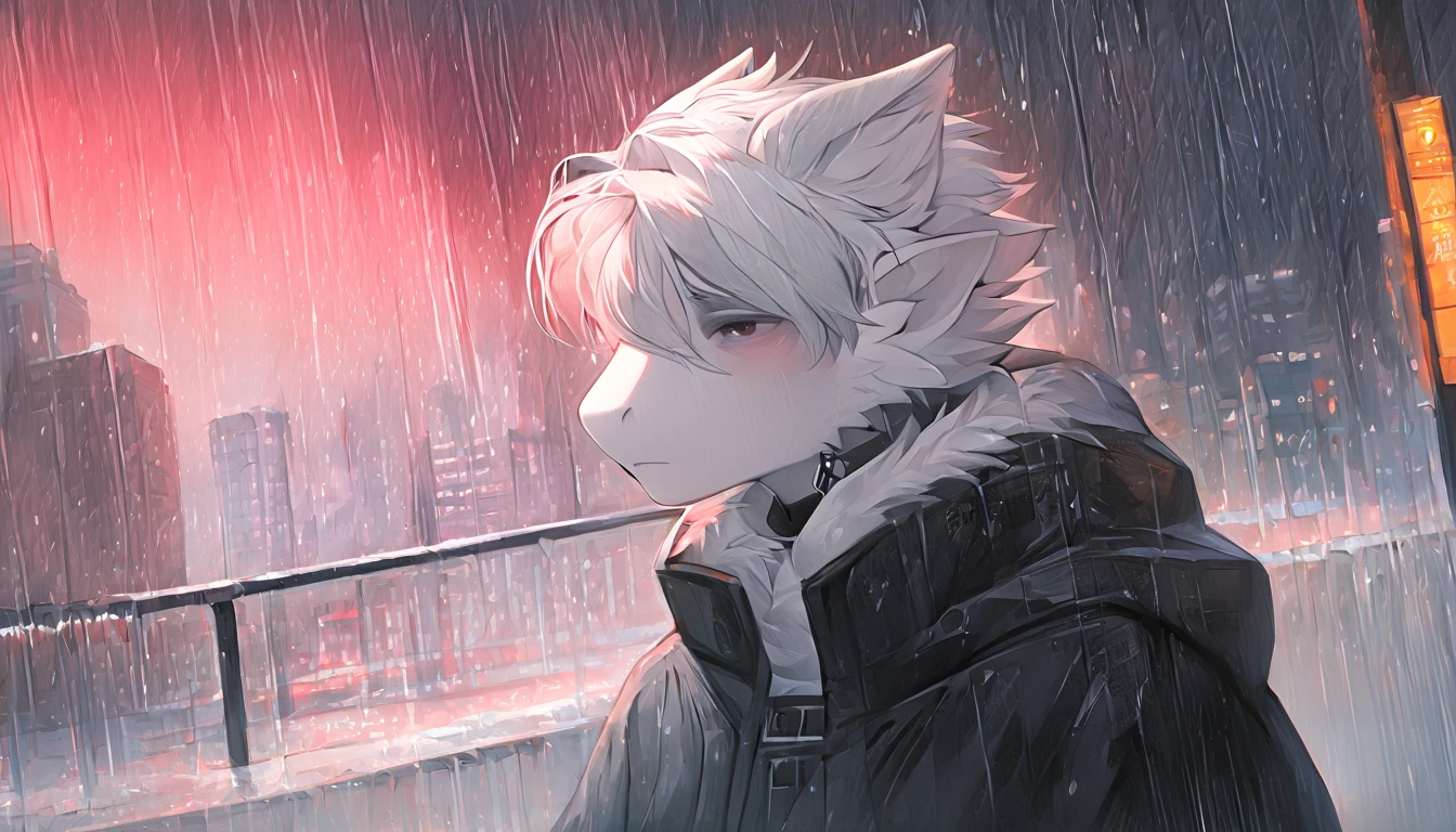 Skinny red fluffy white dragon Femboy wearing black winter suit, white all white wings, cool white hair, cool white hair, city place, rain, fairy wings, handsome, handsome hairstyle, sad handsome face, sitting at bus stop 4k picture of handsome looking dragon very cool cute