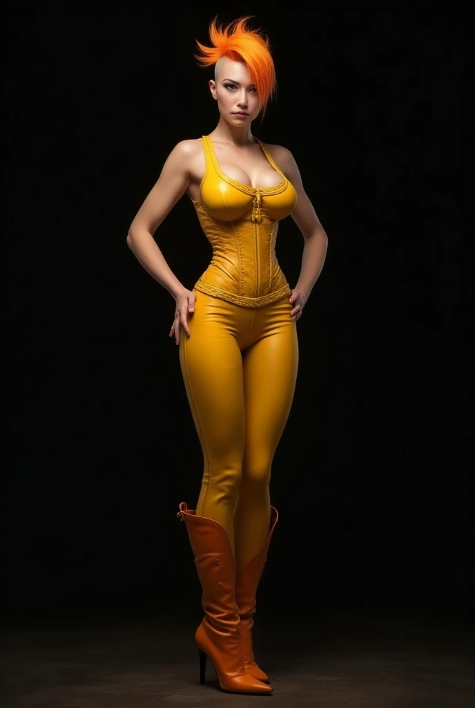 nose piercing, standing,  jewelry, yellow jumpsuit (insanely detailed, beautiful detailed face, masterpiece, best quality), cleavage, piercing blue eyes, full body shot