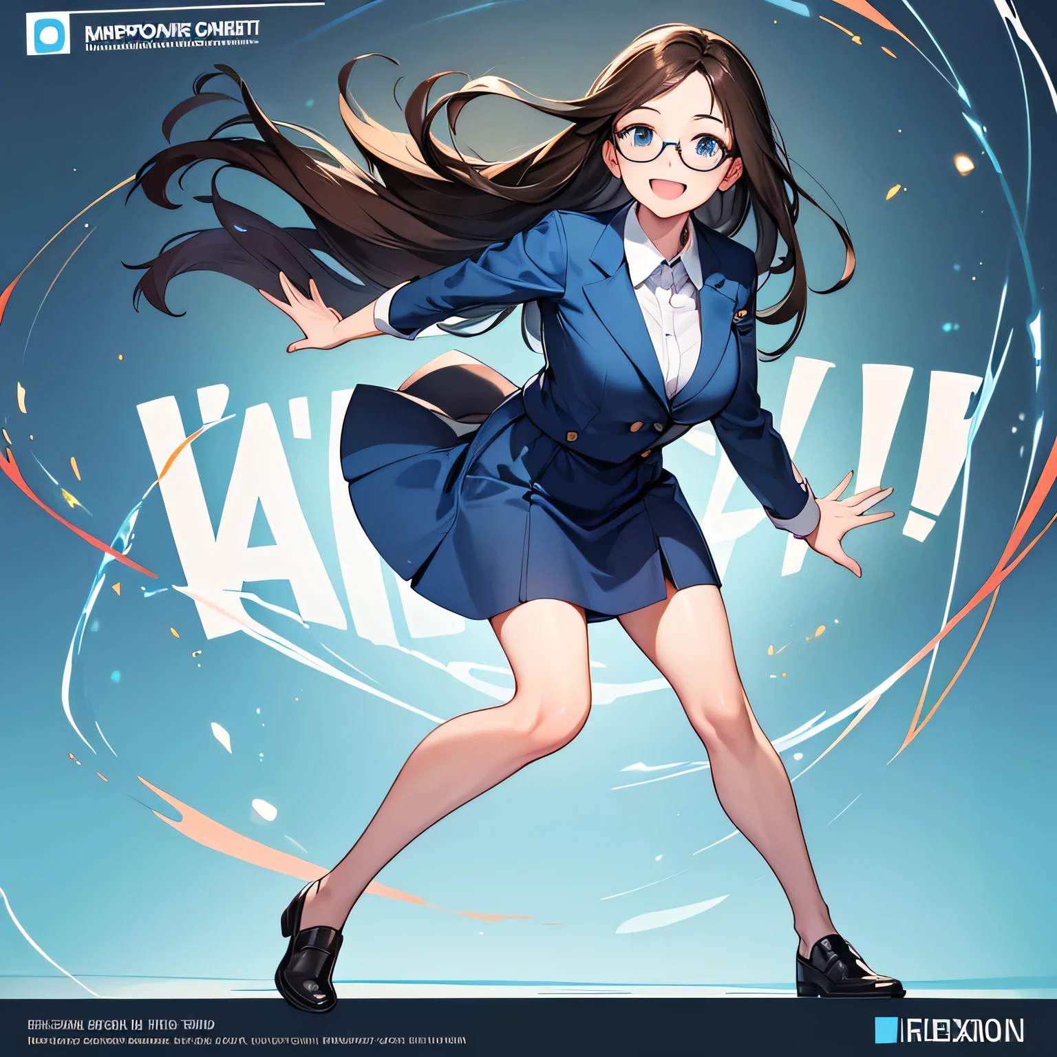 Top quality, best picture quality, 1080p, 8K, masterpiece, first class, perfect face, attention to detail, one person, full body, front view, posed with left arm raised palm up, high definition, long dark brown hair, dark blue recruit suit, dark blue skirt, in rectangular clear case, glasses, blue string around neck, employee certificate, mouth open, big smile.