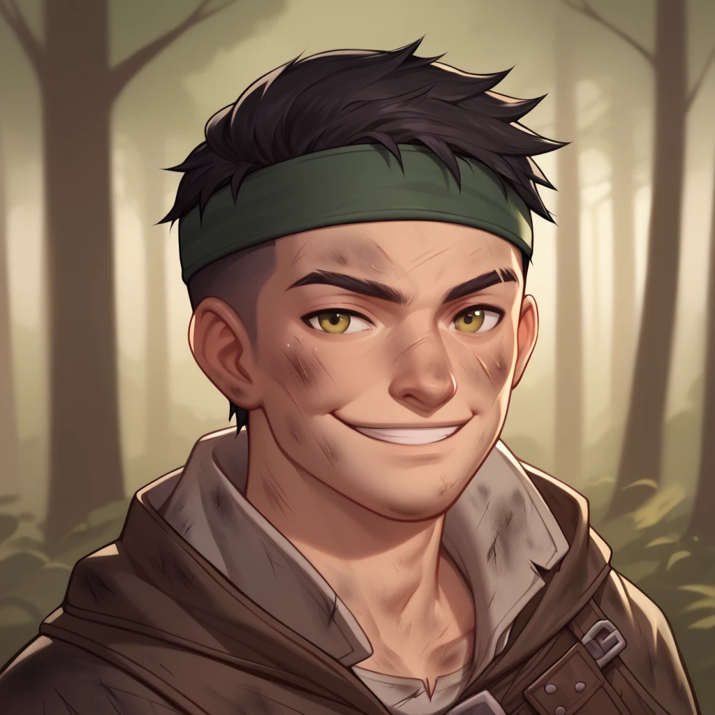 (((beautiful, high quality, detailed face))), score_9, score_8_up, score_7_up, BREAK, male adventurer, RPG rogue, lanky, gangly, slender, Nose bridge, Big nose, (dark hair:1.3), buzz cut, headband, fresh cuts, bruises, dirty clothes, bandoleer, pockets, lots of pockets, cloak, mischievous expression, malicious smile, dirty, dusty, 1man, young, male focus, solo, portrait, upper body, portrait, forest background, fantasy, blurred background, Expressiveh, detailxl