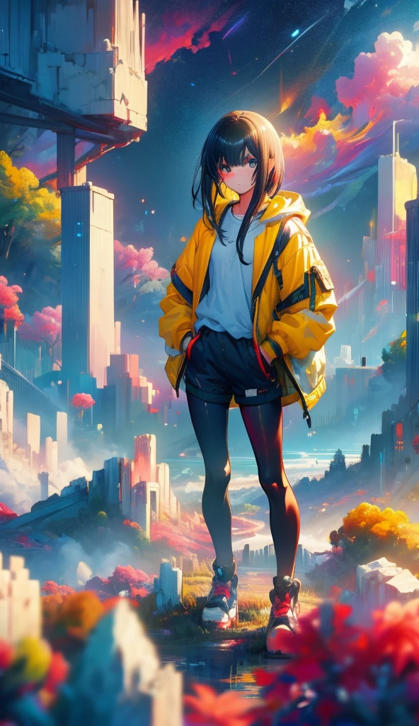 A girl, yellow jacket, hands in pockets, staring at another person, long black hair, heterochromic eyes, heterochromic eyes, heterochromic pupils, 8k resolution, very detailed, anatomically correct, digital painting, concept art, Makoto Shinkai style, clear picture,  