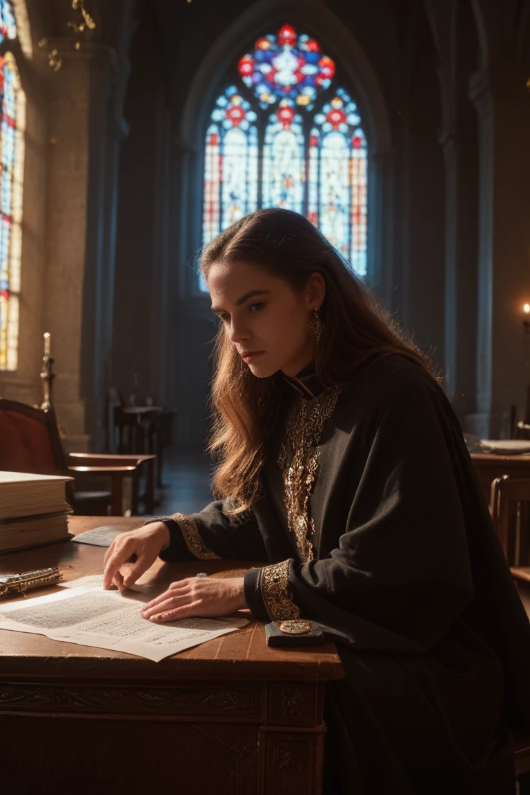 Realistic photograph of a woman with long hair preaching from a wooden pulpit, open Bible on the pulpit, church in the background, dramatic lighting, passionate expression, slightly low front angle, 200mm lens, shallow depth of field, high resolution