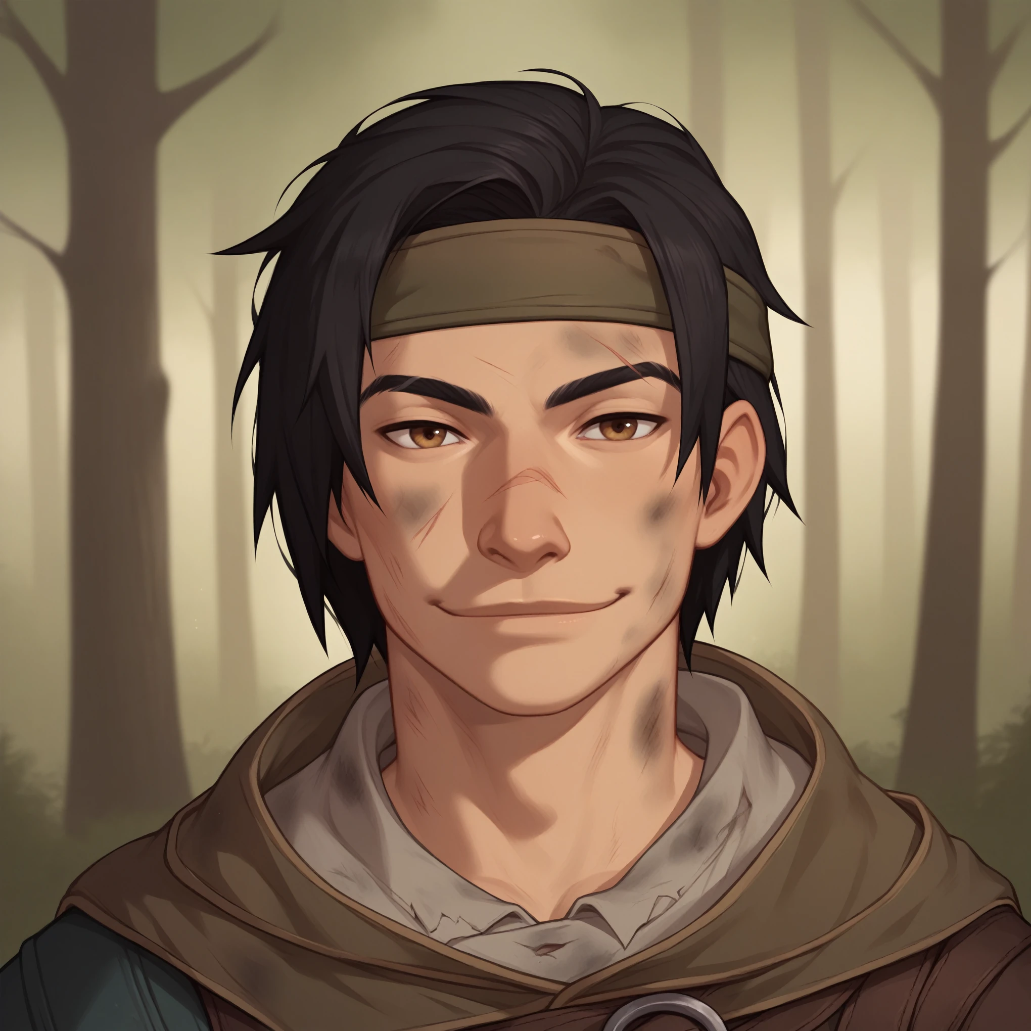 (((beautiful, high quality, detailed face))), score_9, score_8_up, score_7_up, BREAK, male adventurer, RPG rogue, lanky, gangly, slender, Nose bridge, Big nose, (dark hair:1.3), buzz cut, headband, fresh cuts, bruises, dirty clothes, bandoleer, pockets, lots of pockets, cloak, mischievous expression, malicious smile, dirty, dusty, 1man, young, male focus, solo, portrait, upper body, portrait, forest background, fantasy, blurred background, Expressiveh, detailxl