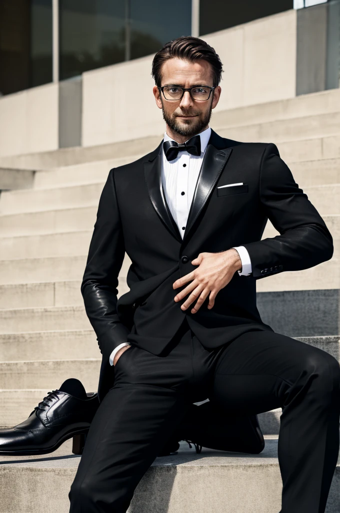 30 years old，Handsome German man with glasses、 black suit 、 black tie 、Black socks，Black leather shoes，The man's crotch hurts a lot， with both hands covering the crotch 