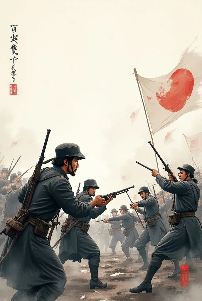 a painting of a group of soldiers in uniform fighting with each other, japan soldier in world war 2, soldiers charging the enemy, fighting in world war 2, 1968 soviet japanese, soldiers charging in, russian ww 1, traditional japanese concept art, german and soviet soldiers, soviet military, ww2, ww 2, color illustration