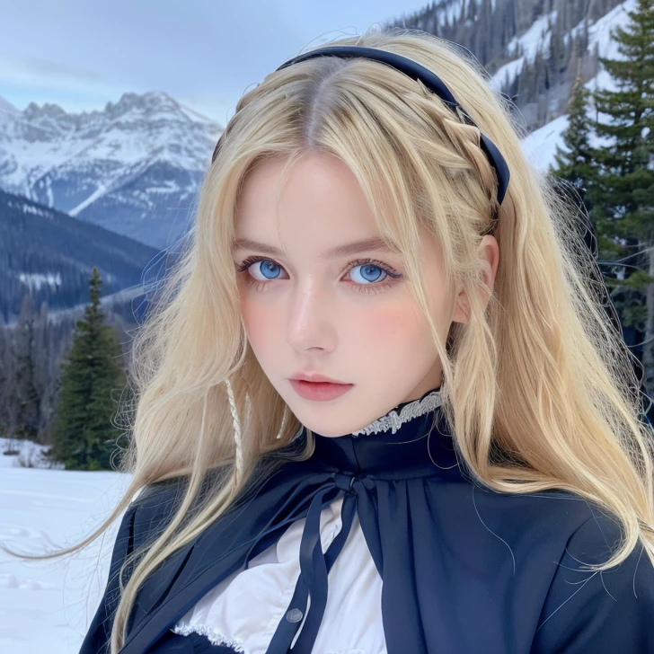  Pretty woman,cute,huge natural breasts, blonde hair curly/flowing, detailed dark BLUE eyes and face, not to skinny, make it ultra-realistic, western european girl, in the snow in the mountains, ripped off nun uniform, extremely detailed blue eyes, extremely long wavy blonde hair