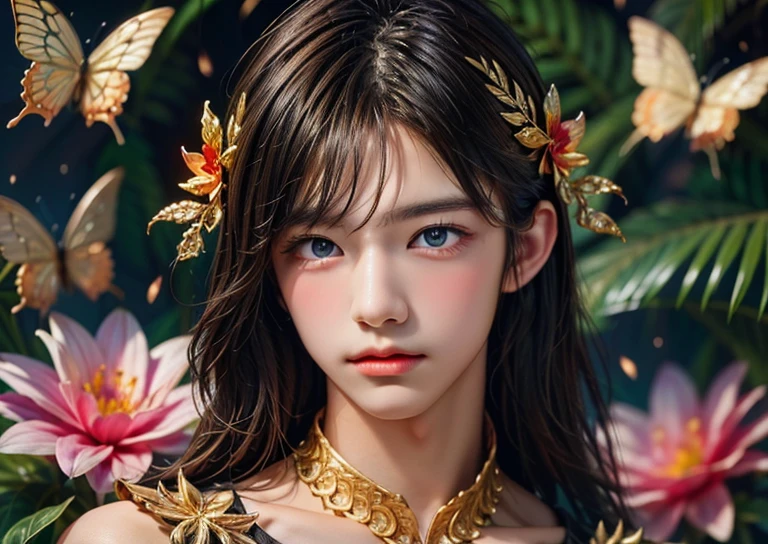  a masterpiece of the highest quality ,  official art , beautiful, aesthetic,  1 boy ,  very detailed ,  fractal art ,Colorful Aloha 、 most detailed ,  background with fractals and details of various flowers and tropical butterflies、