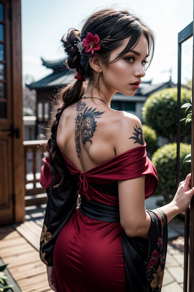 masterpiece, top quality, best quality, official art, beautiful and aesthetic:1.2),1girl, tattoo, solo, japanese very sexy clothes, red and black kimono, hair ornament, unsheathing, black hair, sheath, back tattoo, dragon tattoo, blue eyes, off shoulder, bare shoulders, looking back, from behind, flower, looking at viewer, holding, makeup, outdoor,