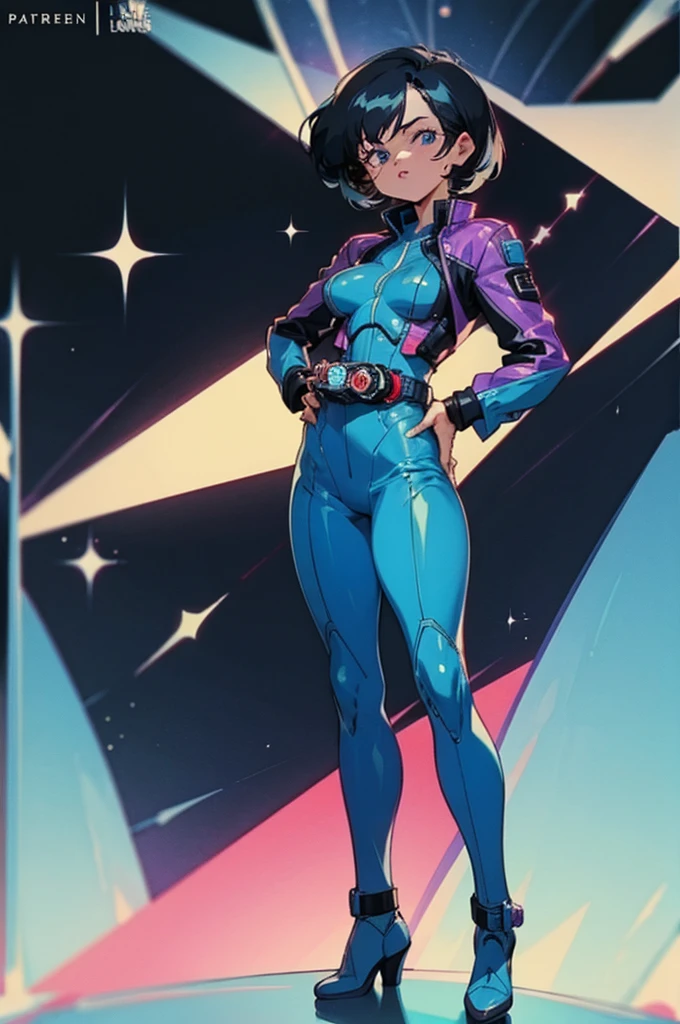 1girl, solo, medium breasts, black hair, blue eyes, short hair, lips, blue bodysuit, jacket, hand on hip, looking at viewer, full body, standing, rider belt
