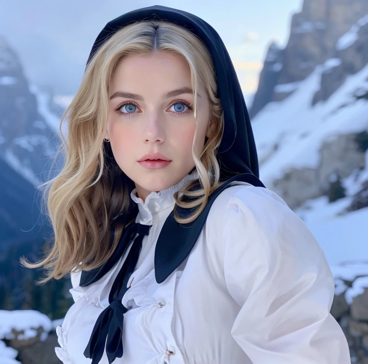  Pretty woman,cute,huge natural breasts, blonde hair curly/flowing, detailed dark BLUE eyes and face, not to skinny, make it ultra-realistic, western european girl, in the snow in the mountains, ripped off nun uniform, extremely detailed blue eyes, extremely long wavy blonde hair