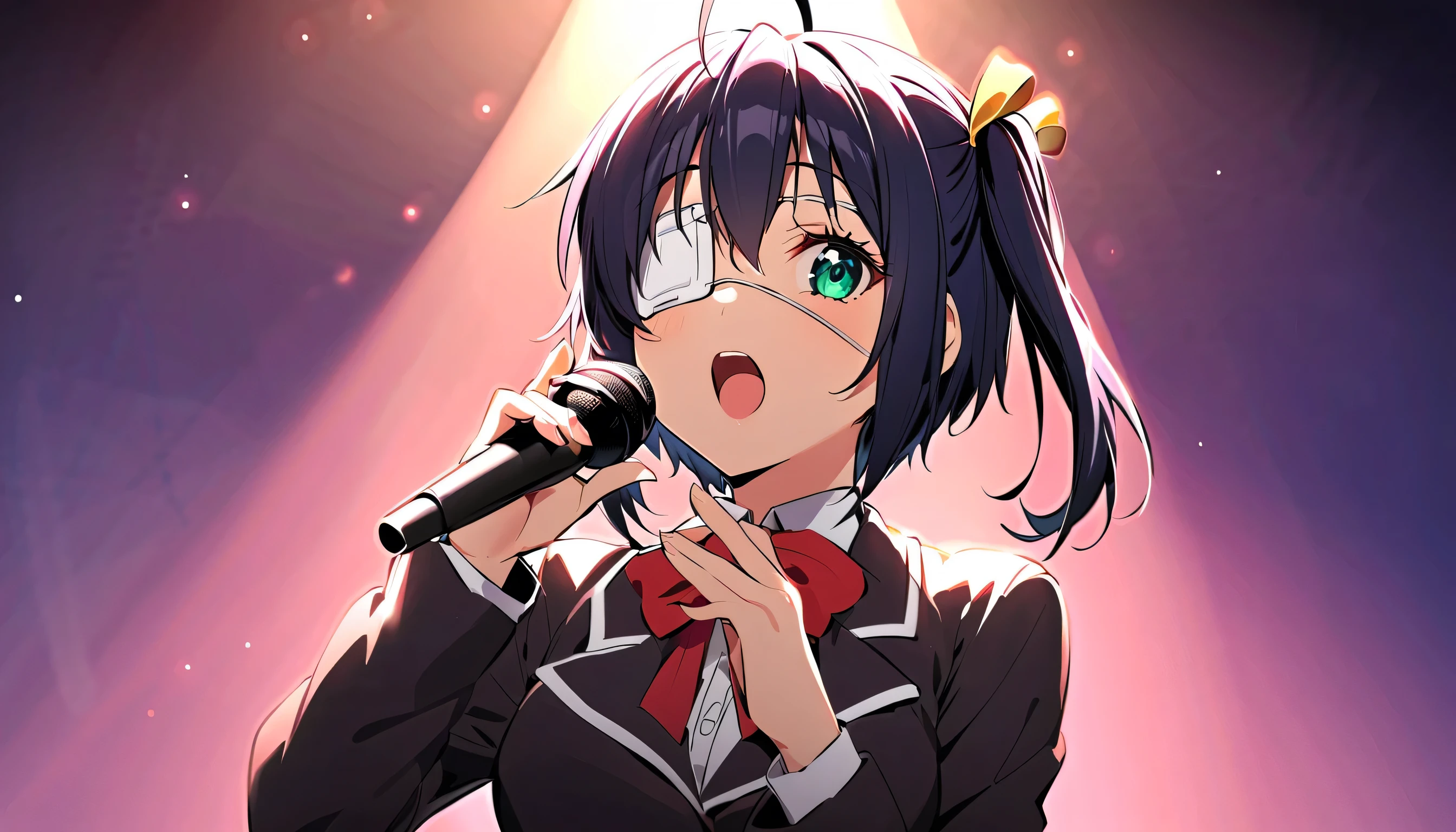 score_9, score_8_up, score_7_up, score_6_up, 1girl, takanashi_rikka, short hair, green eyes, black hair, ahoge, one side up, eyepatch,, sing, singing, open mouth, mic, Stage with Dim Light and Fog Effect, oversize jacket, viewers