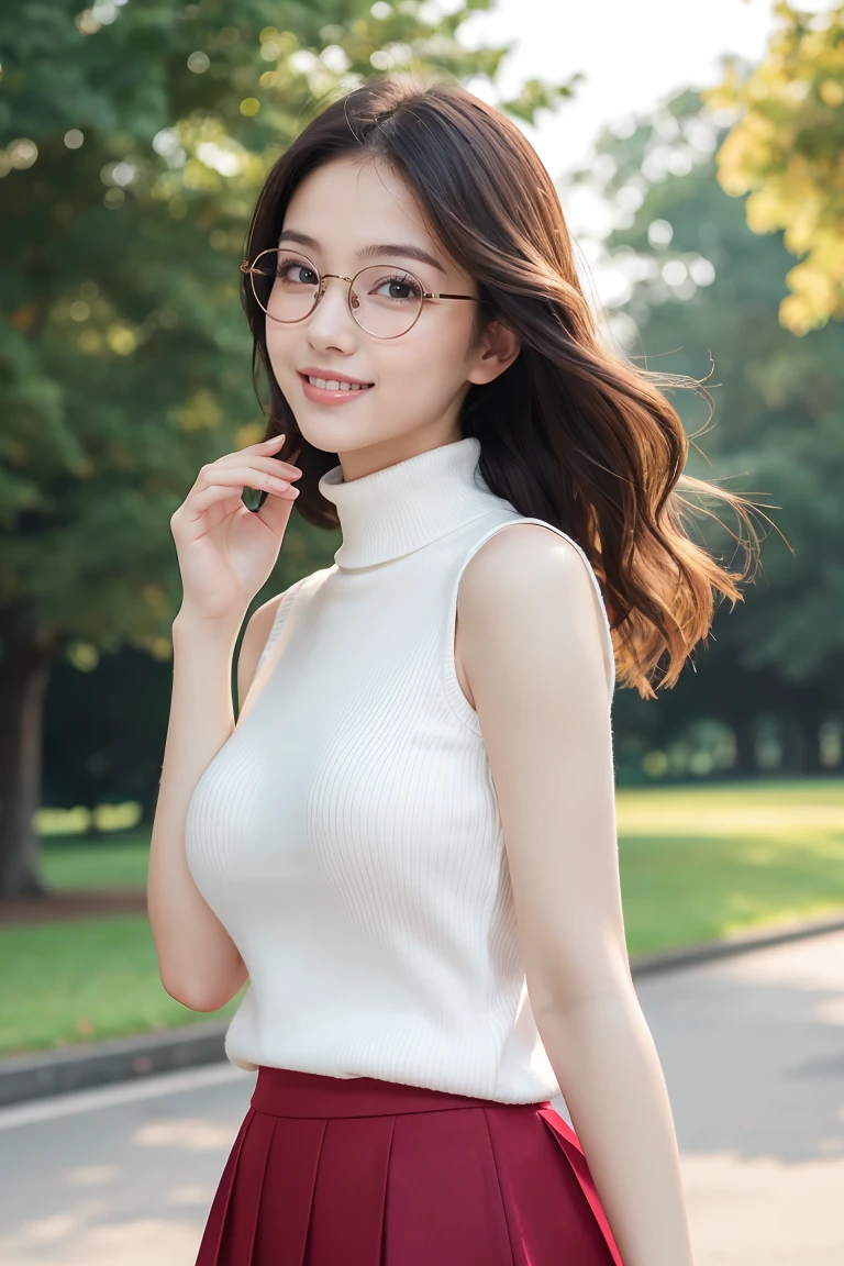 (highest quality、Tabletop、8k、Best image quality、Award-winning works)、One beautiful woman、Age 25、(alone:1.1)、Perfect beautiful composition、(Big and ample breasts:1.2)、(Accentuate your body lines:1.1)、(Perfect white turtleneck sleeveless knit sweater:1.2)、(Bare arms:1.3)、(Classy and perfect round glasses:1.2)、(Elegant red melton skirt:1.2)、(Attractive body:1.1)、Look at me and smile、(Strongly blurred accurate beautiful park background:1.1)、Beautiful grassy park、Standing Elegantly、Droopy eyes、Natural Makeup、Ultra-high definition beauty face、Ultra HD Hair、Ultra HD Shining Eyes、Super high quality glossy lip、(Accurate anatomy:1.1)、(very bright and vivid:1.1)