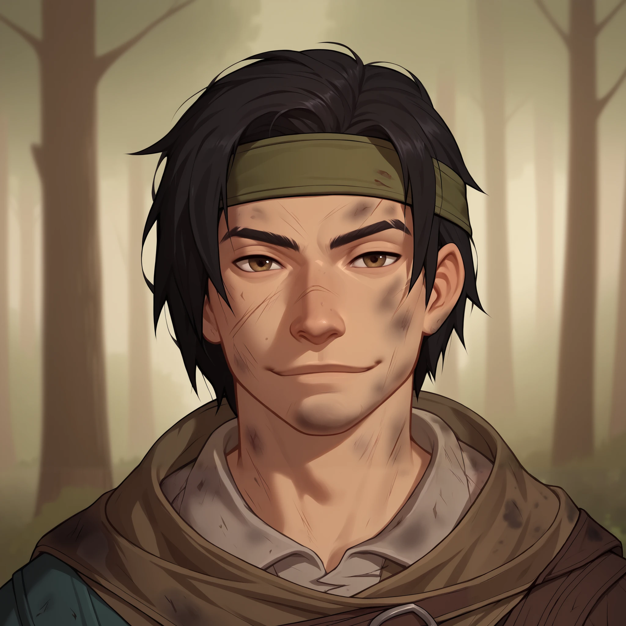 (((beautiful, high quality, detailed face))), score_9, score_8_up, score_7_up, BREAK, male adventurer, RPG rogue, lanky, gangly, slender, Nose bridge, Big nose, (dark hair:1.3), buzz cut, headband, fresh cuts, bruises, dirty clothes, bandoleer, pockets, lots of pockets, cloak, mischievous expression, malicious smile, dirty, dusty, 1man, young, male focus, solo, portrait, upper body, portrait, forest background, fantasy, blurred background, Expressiveh, detailxl